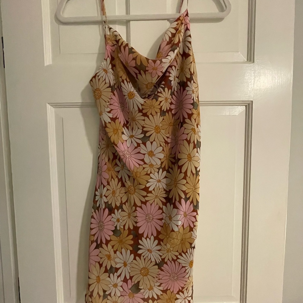 Altar'd State Pink, Brown & White Floral Cowl Slip Dress